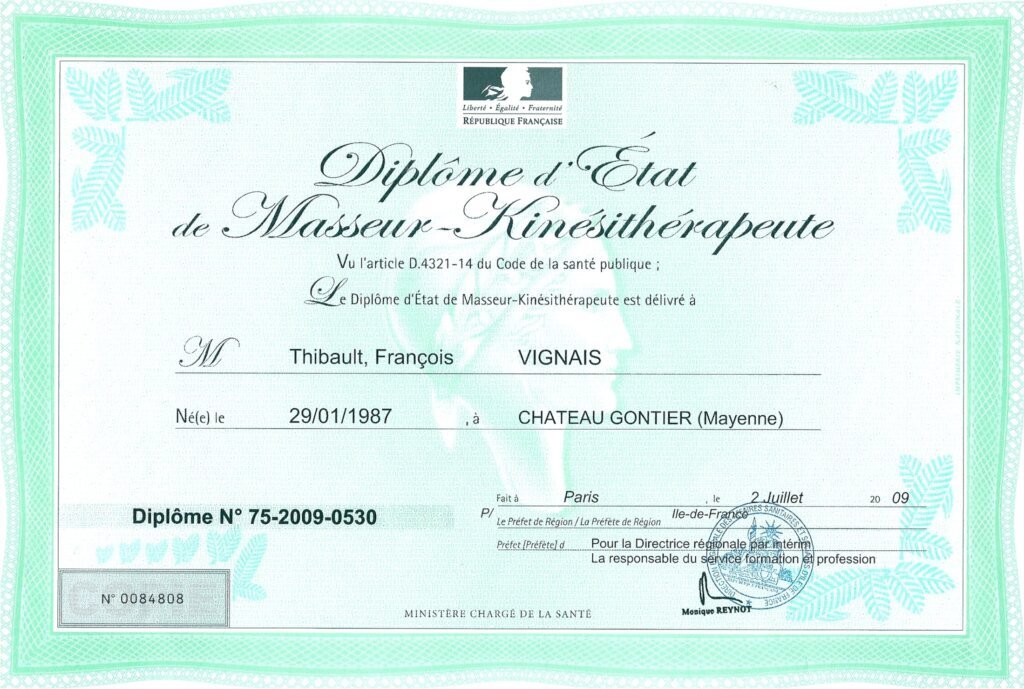 Dipl&ocirc;me d&rsquo;&Eacute;tat de masseur-kin&eacute;sith&eacute;rapeute de Thibault Vignais d&eacute;livr&eacute; par la R&eacute;publique fran&ccedil;aise