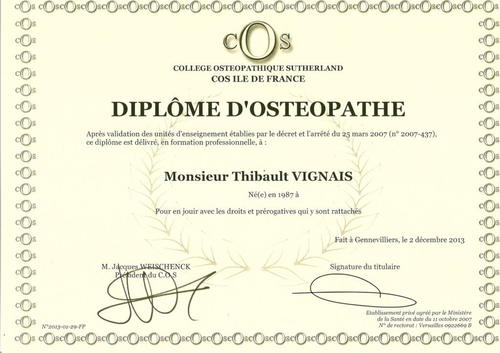 Dipl&ocirc;me d&rsquo;ost&eacute;opathe de Thibault Vignais d&eacute;livr&eacute; par le Coll&egrave;ge Ost&eacute;opathique Sutherland
