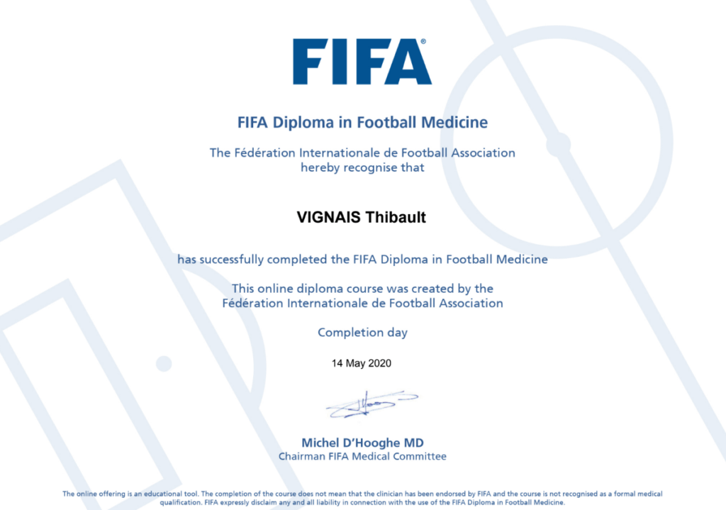 Certificat FIFA Football Medicine obtenu par Thibault Vignais