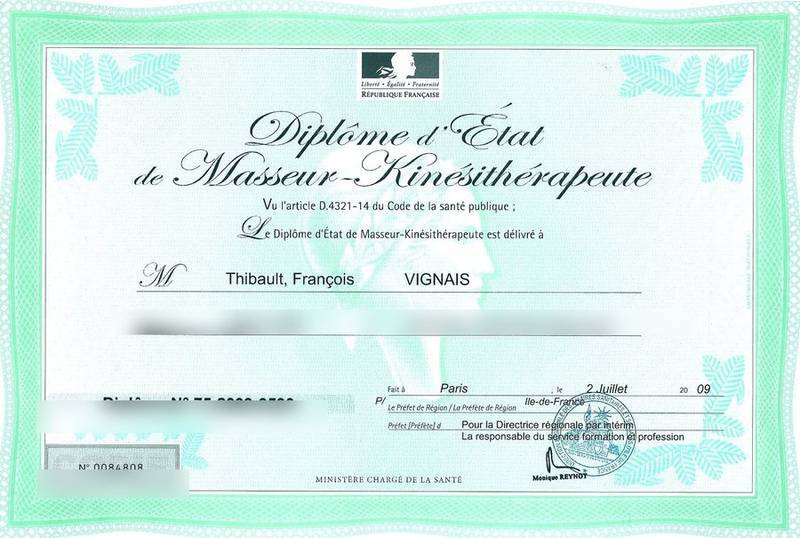 Dipl&ocirc;me d'&Eacute;tat de Masseur-Kin&eacute;sith&eacute;rapeute de Thibault Vignais
