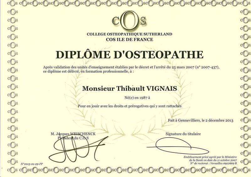 Dipl&ocirc;me d'Ost&eacute;opathe D.O. de Thibault Vignais